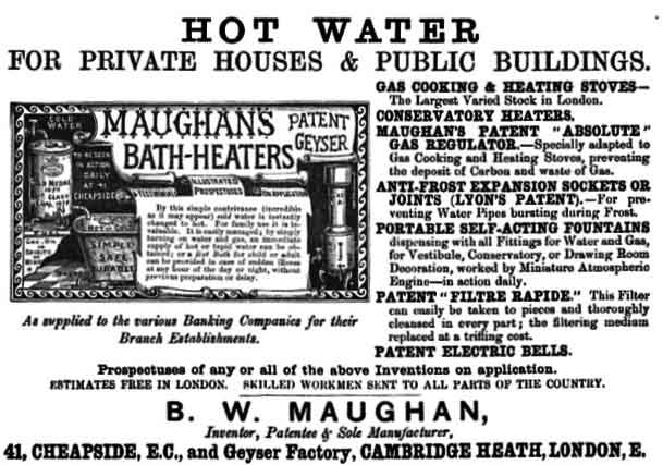 Old advert for geyser water heaters showing two sketches of geysers