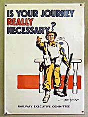 1940s World War Two poster encouraging people to save on train journeys.