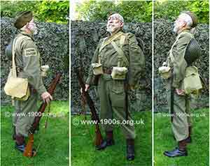 Home Guard uniform from three views showing the kit that the home guardsman had to carry
