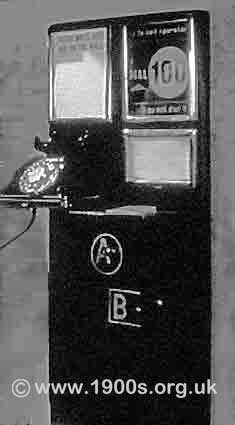 A UK paying mechanism on a public wall phone, as found in pubs and guest houses in the 1940s and 1950s: Button A and Button B 