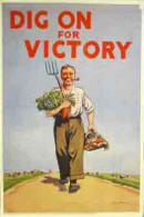 small image - WW2 poster encouraging households to grow their own vegetables, 'Dig On for Victory'.