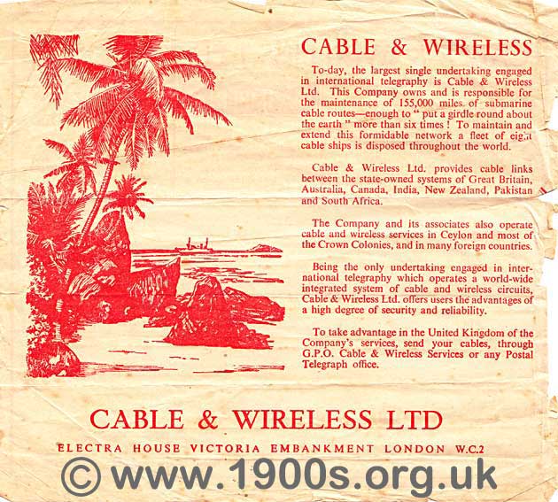 telegram souvenir of 1951 Festival of Britain, back