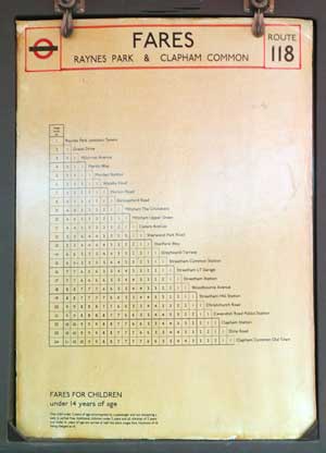 Grid displayed on London buses in the mid 1900s howing 'fare stages' between bus stops
