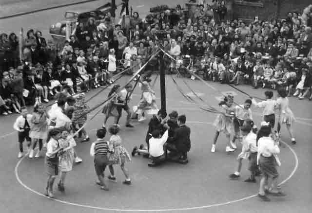 Maypole dancing, c1947, front playground, Edgware Primary School