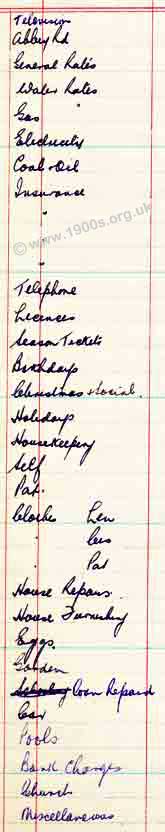 Categories for keeping a family's accounts in the middle years of the 20th century