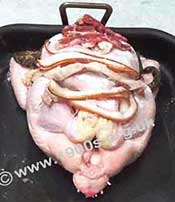 Meat off-cuts in roasting pan with meat for roasting