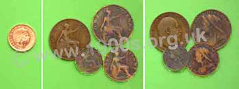 Copper coins in circulation in the early 1900s with a 2009 penny for scale, small