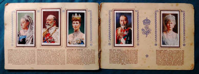 double page spread of a 1930s cigarette card album put up by Players Cigarettes with the theme of English kings and queens 1066-1939. 