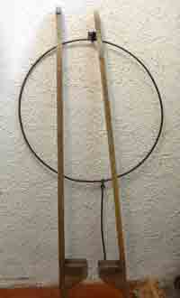 Iron hoop with its rod-like attachment, as used by boys in the early 1900s, with wooden stilts placed in front.
